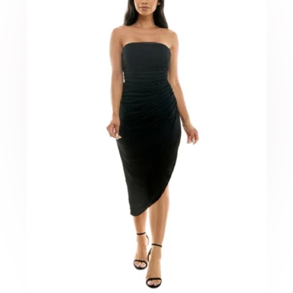 Emerald Sundae Juniors' Strapless Ruched Mesh Bodycon Black Midi Dress